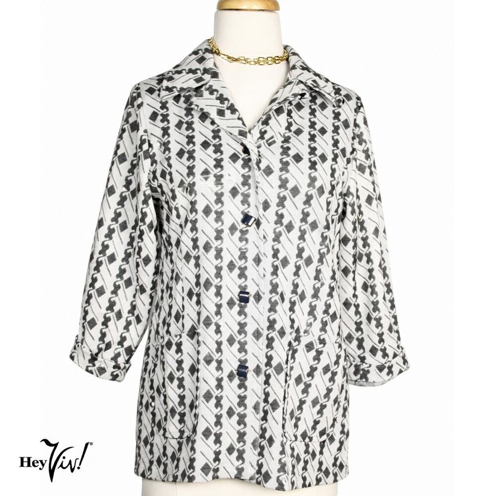 Vintage Black White Geometric Knit Jacket Top Cool Buttons & Pockets L - Hey Viv